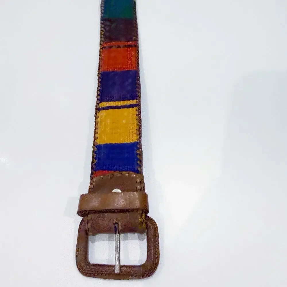 90s Vintage Woven Southwest Belt Aztec Mexican Festival Boho Hippie Leather N